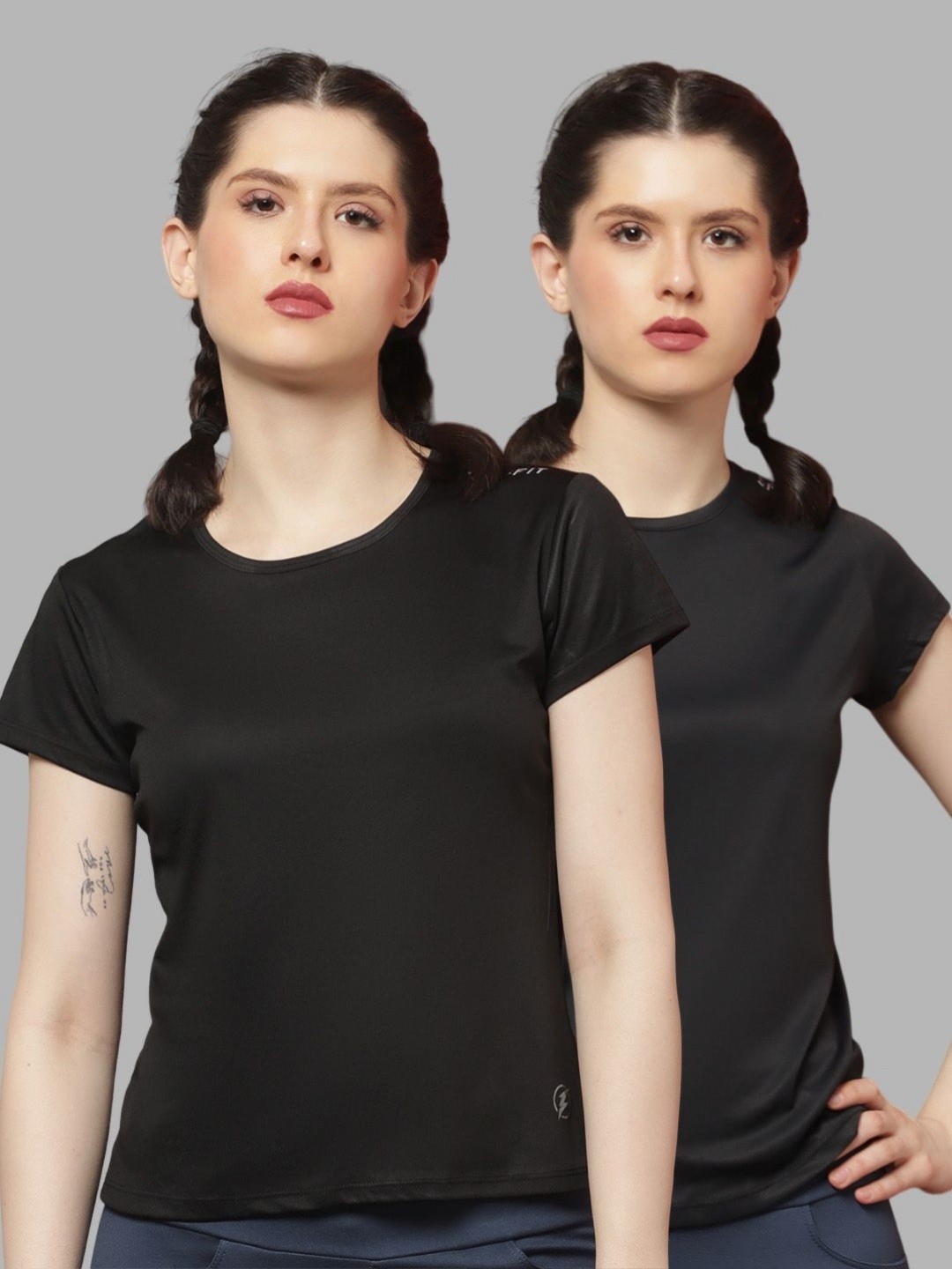 

Friskers Women Pack Of 2 Solid Round Neck T-shirts, Black