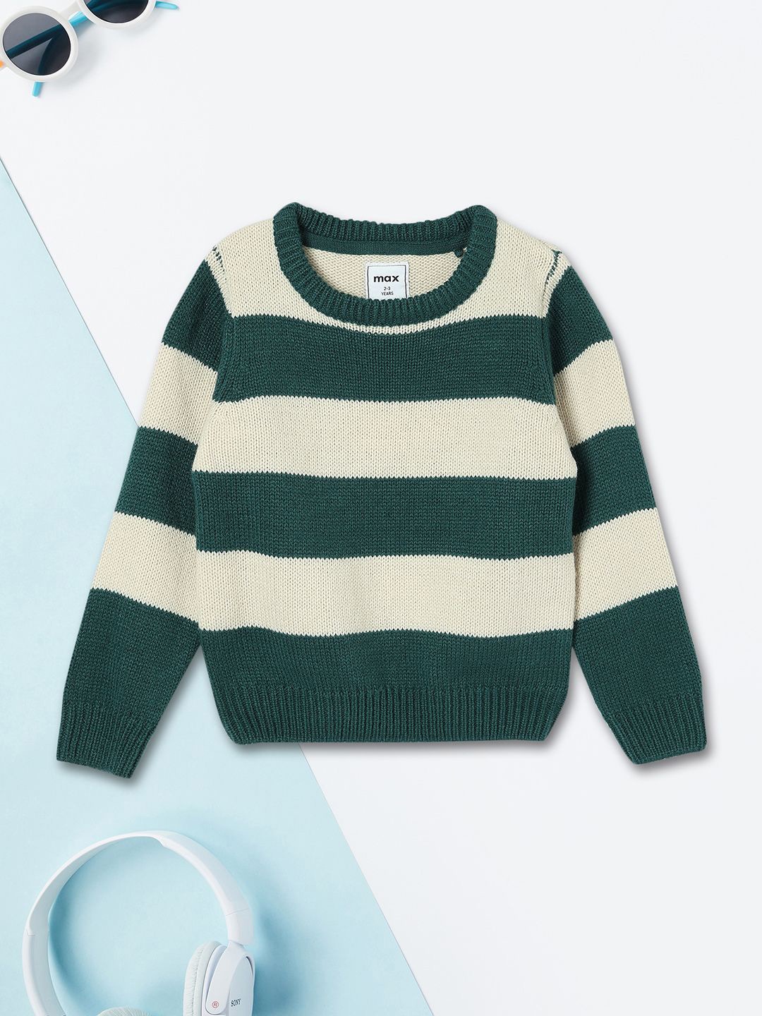 

max Boys Acrylic Round Neck Striped Pullover, Green