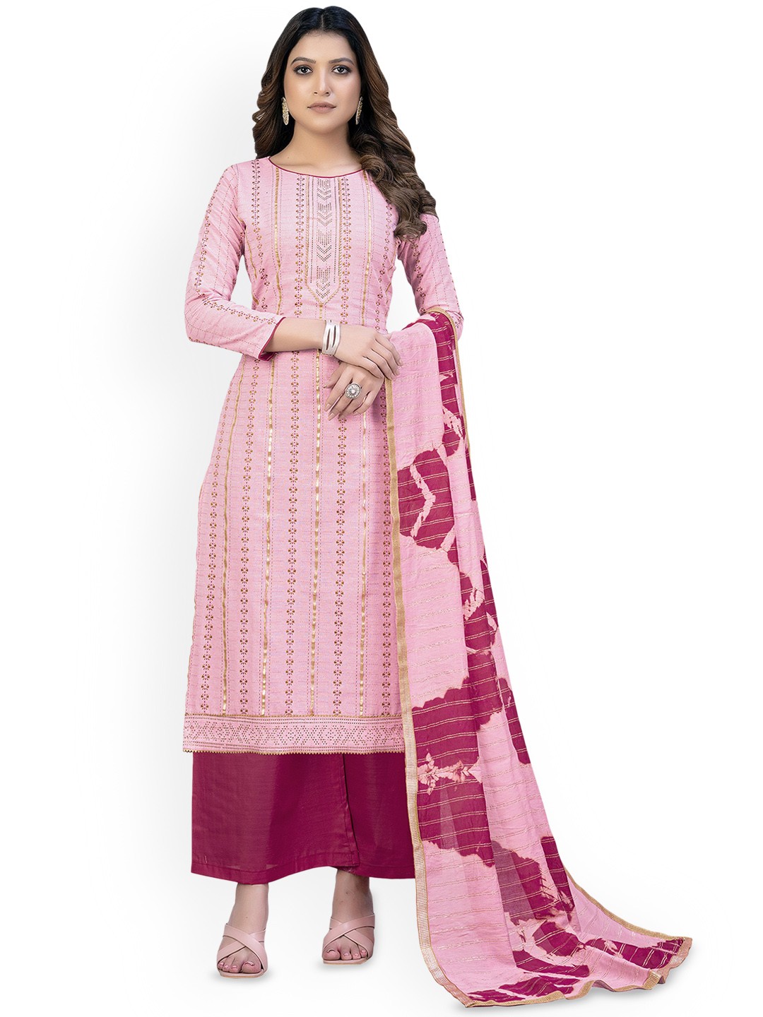 

Maroosh Floral Printed Unstitched Dress Material, Pink