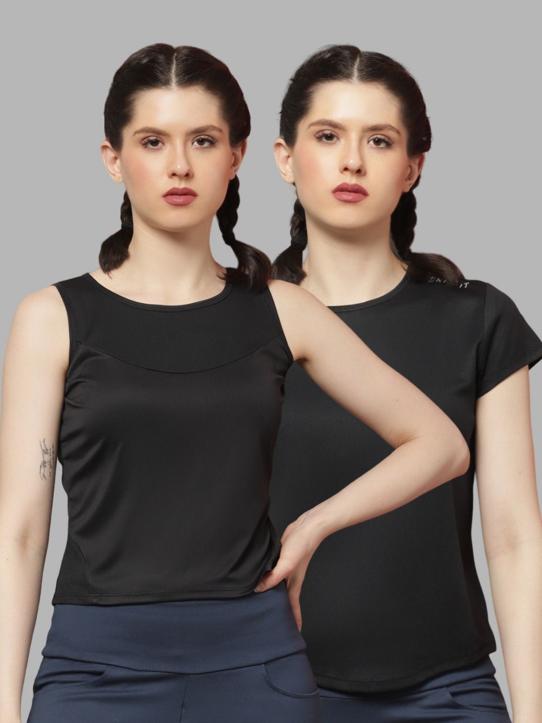 

Friskers Women Pack Of 2 Solid Round Neck T-shirts, Black