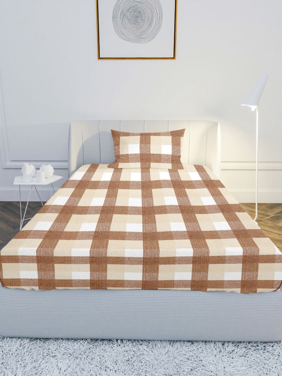 

MAYFAIR HOMES LONDON Brown & White Checked 144 TC Single Bedsheet Set 2.24 m x 1.52 m