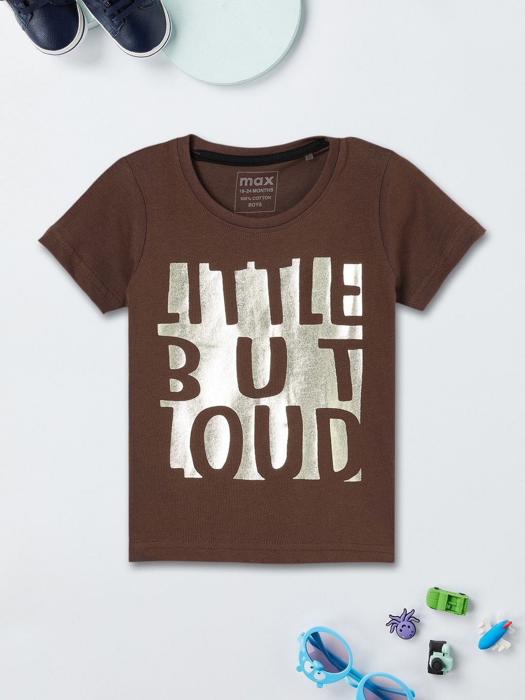 

max Boys Typography Printed Round Neck Cotton T-shirt, Brown