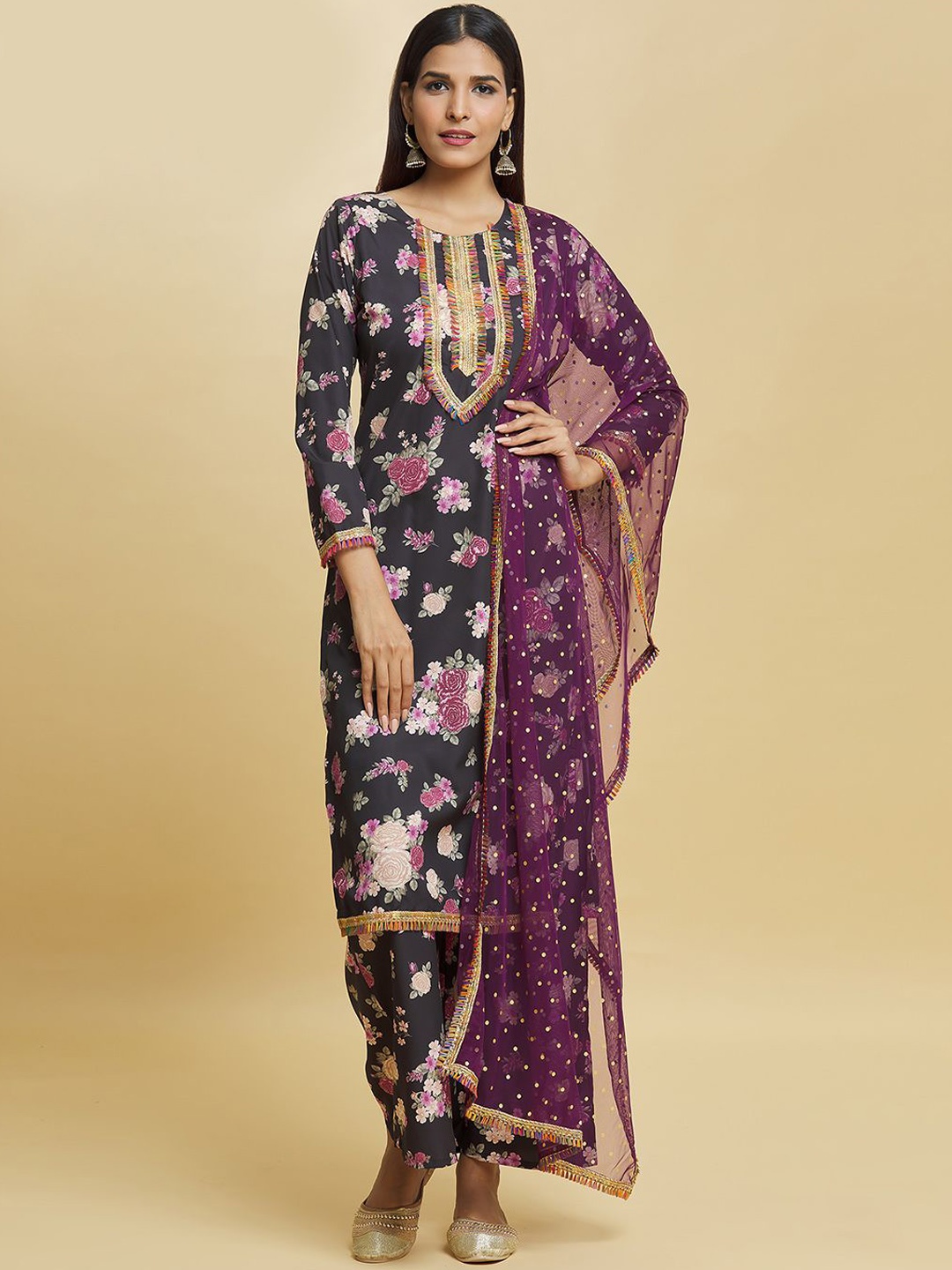 

Adara Khan Women Floral Printed Regular Kurta with Palazzos & With Dupatta, Purple
