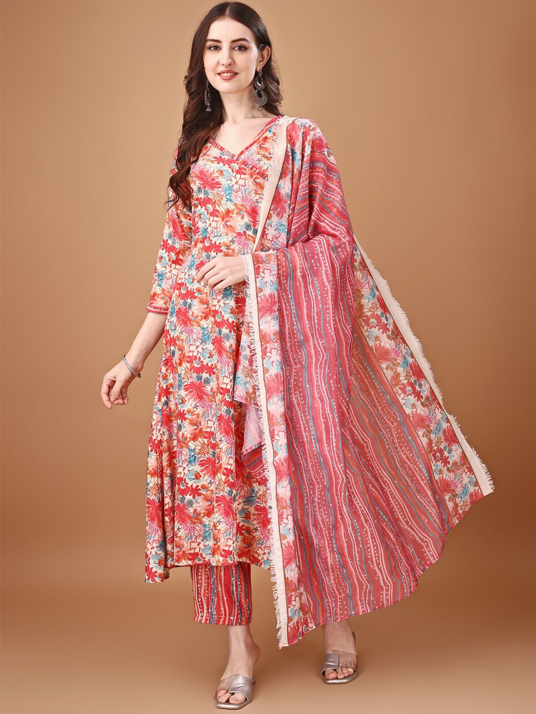 

KALINI Ethnic Motifs Printed V-Neck Anarkali Kurta With Palazzos & Dupatta, Pink
