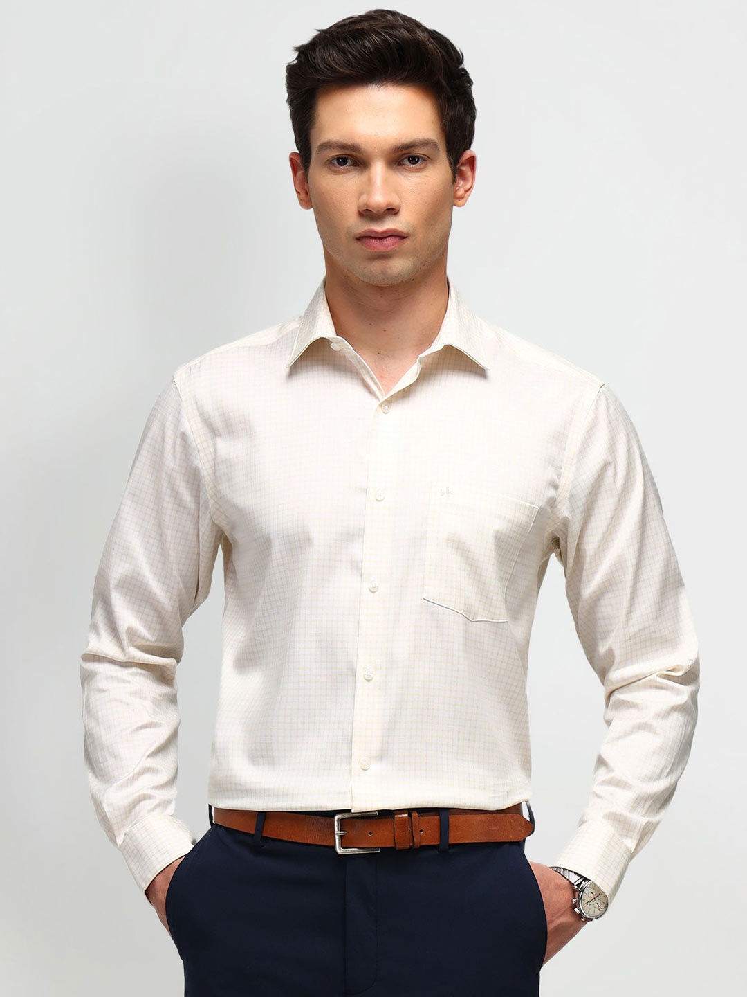 

Arrow Men Classic Spread Collar Micro Checked Cotton Formal Shirt, Yellow