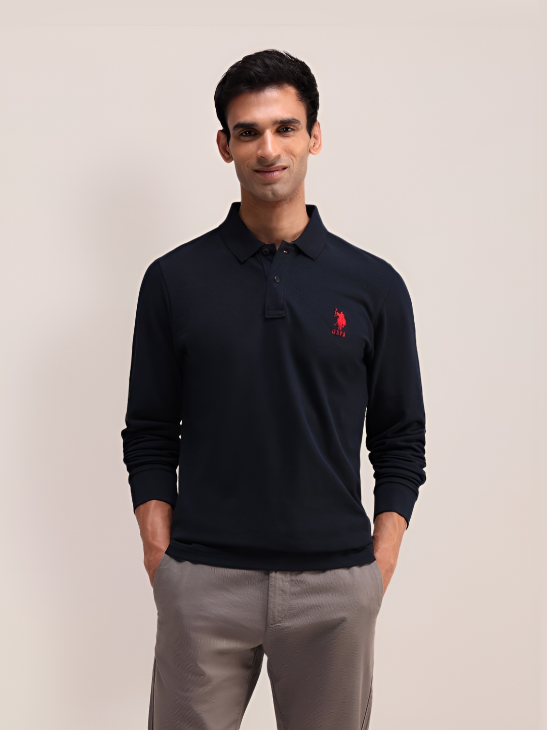 

U.S. Polo Assn. Men Solid Polo Collar Cotton Slim Fit T-shirt, Navy blue