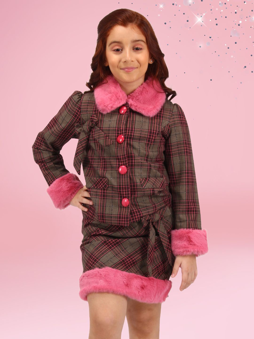

CUTECUMBER Girls Checked Top with Skirt Clothing Set, Brown