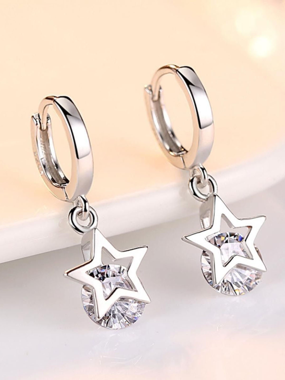 

MYKI Silver-Plated Stainless Steel Cubic Zirconia Studded Beauteous Star Hoop Earrings