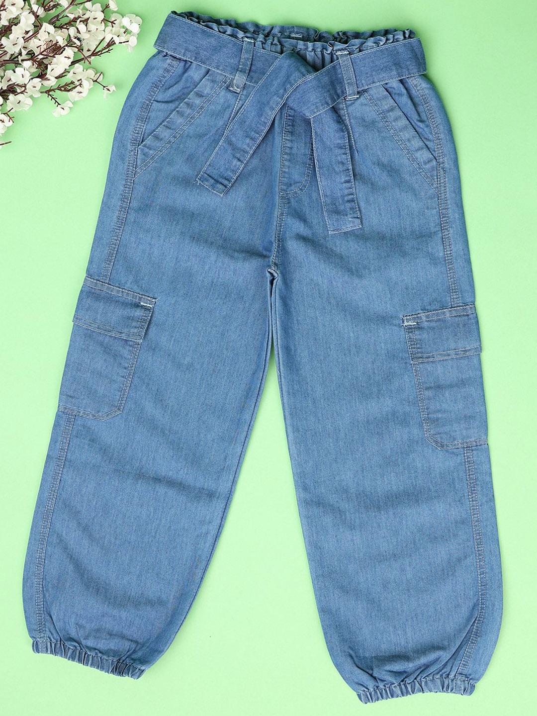 

V-Mart Girls Cotton Relaxed Fit Low Distress Jeans, Blue