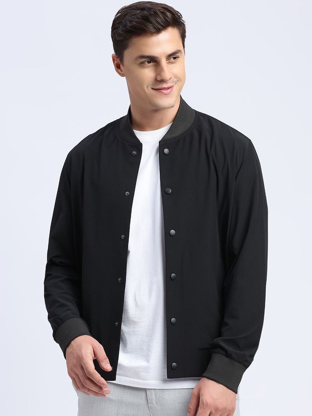 

ONEMILE Men Stand Collar Solid Casual Bomber Jacket, Black