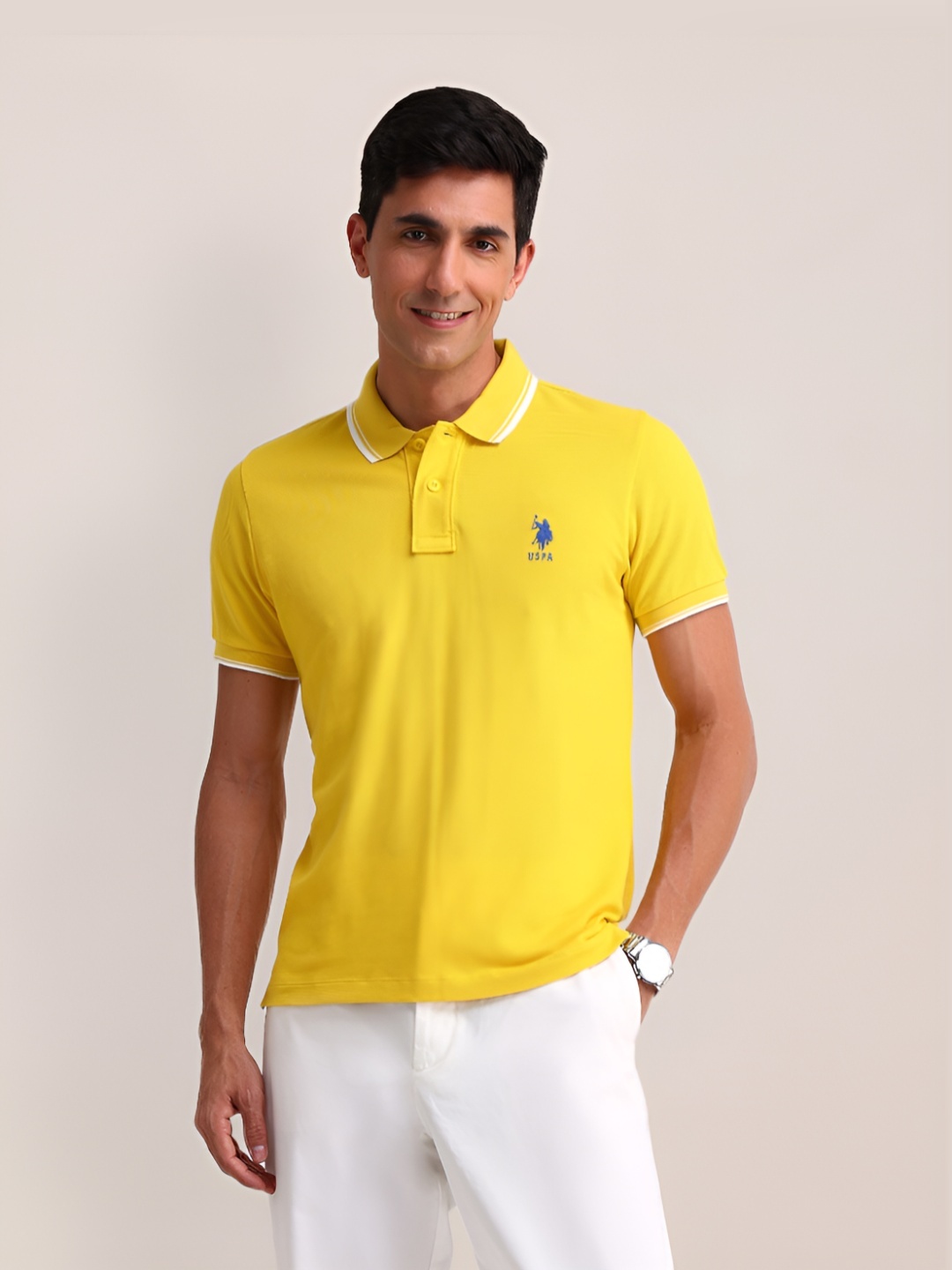 

U.S. Polo Assn. Men Solid Polo Collar Cotton Slim Fit T-shirt, Yellow
