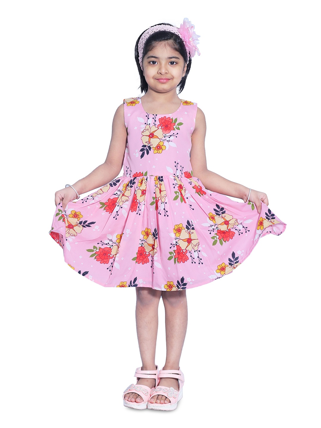 

Wish little Girls Round-Neck Floral Printed A-Line Casual Dress, Pink
