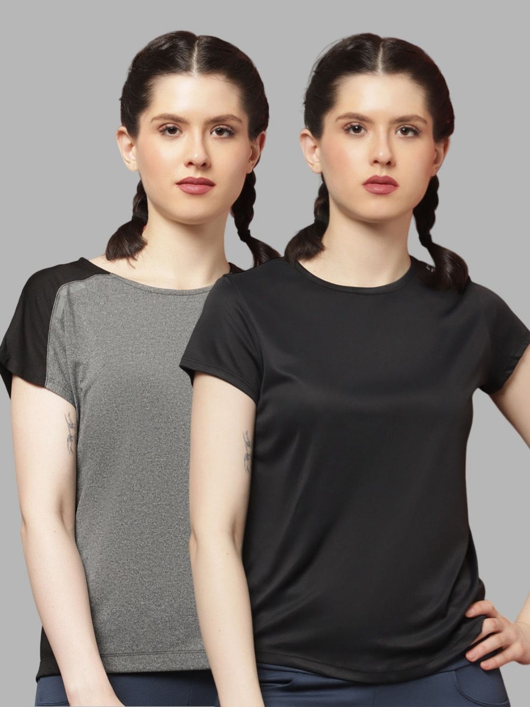 

Friskers Women Pack Of 2 Colourblocked Round Neck T-shirts, Black