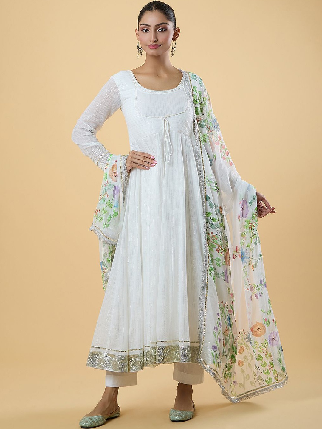 

Adara Khan Women Floral Striped Empire Kurta with Trousers & With Dupatta, White
