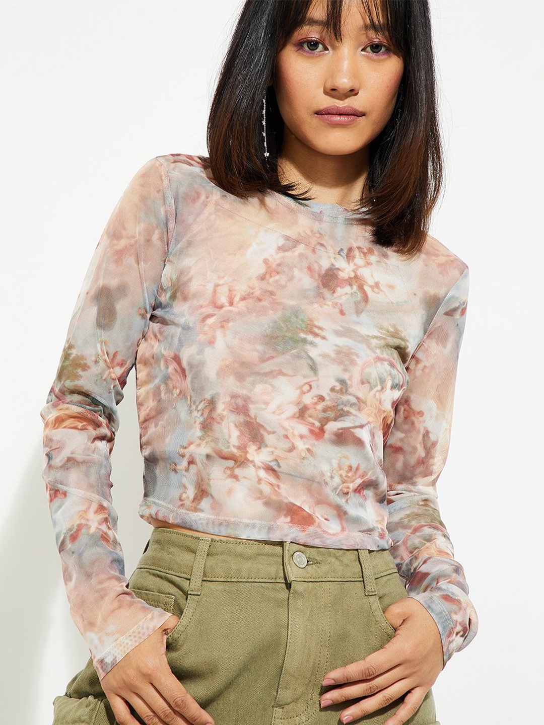 

max ALAYA F x URB_N Women Printed Mesh Top with Camisole, Multi