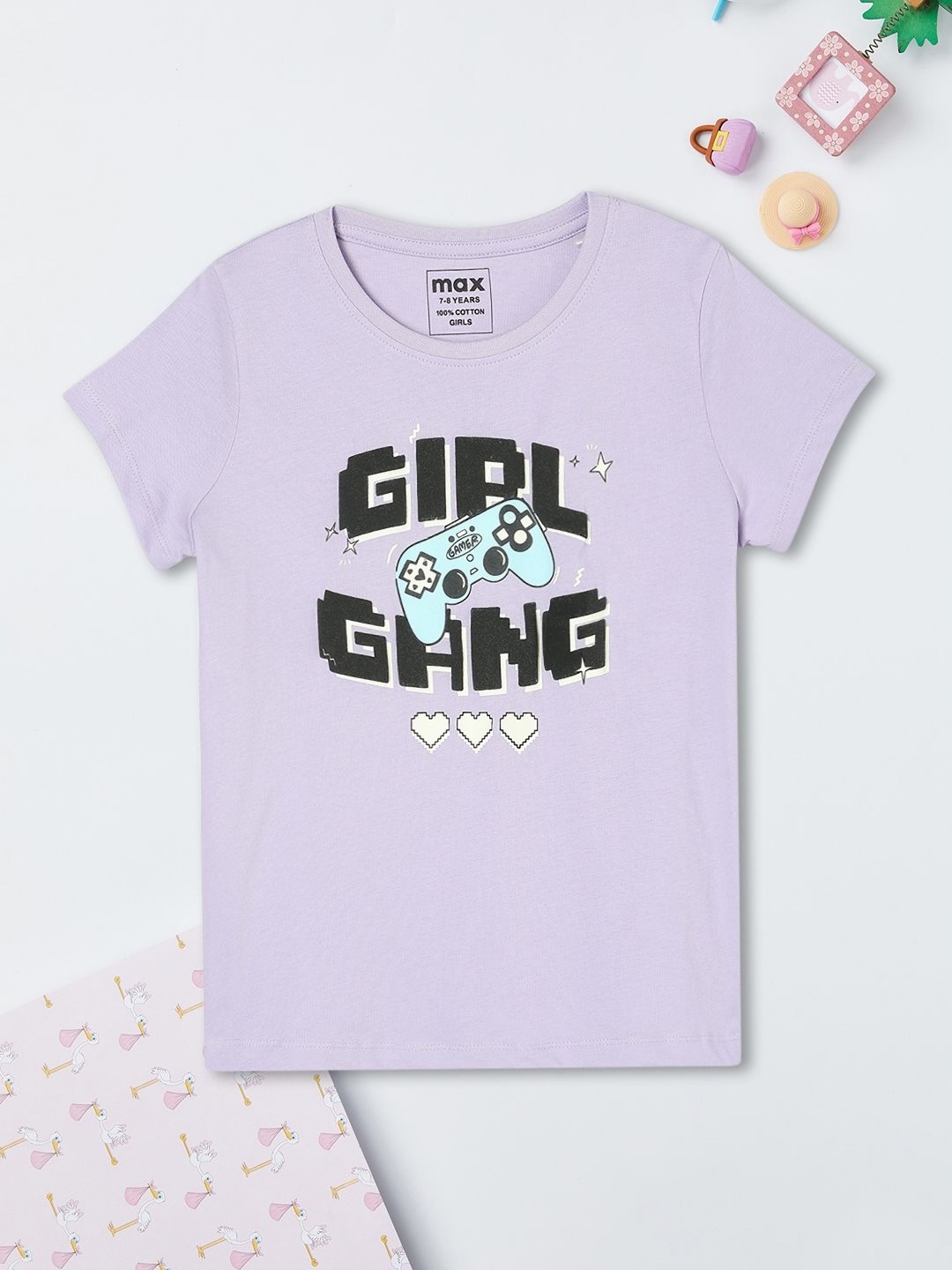 

max Girls Typography Printed Round Neck Cotton T-shirt, Lavender