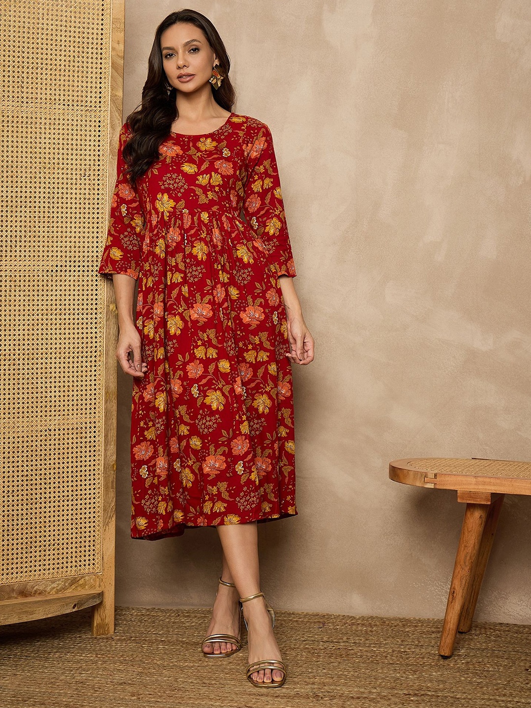 

TANISHA Women Floral Printed Maternity Round Neck Fit & Flare Midi Dress, Red