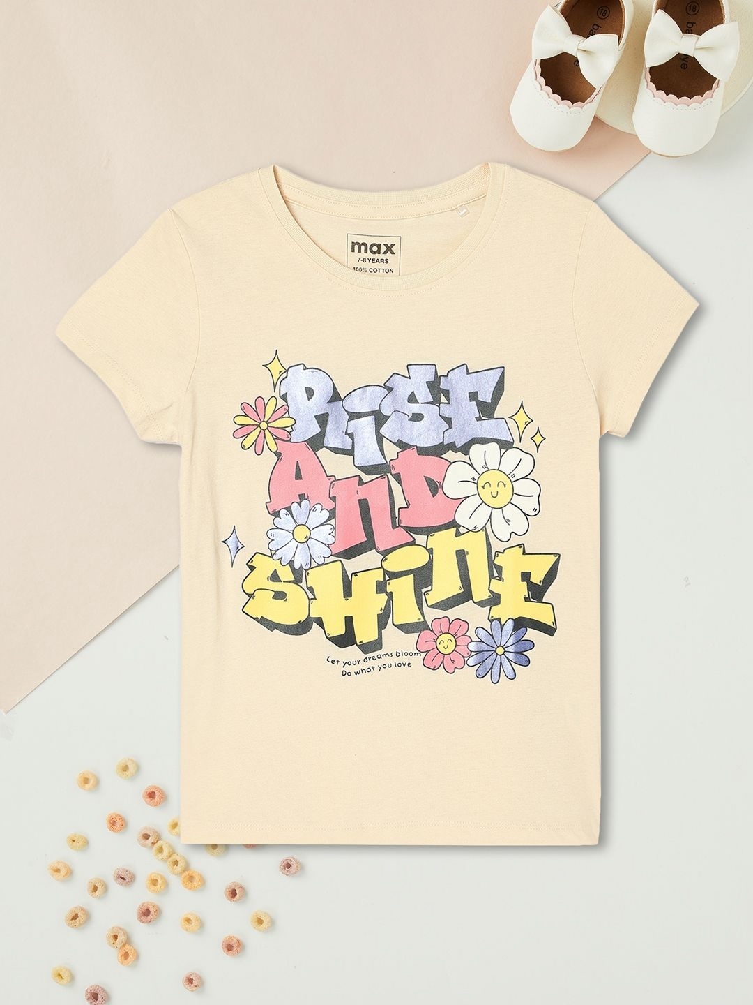 

max Girls Typography Printed Round Neck Cotton T-shirt, Beige