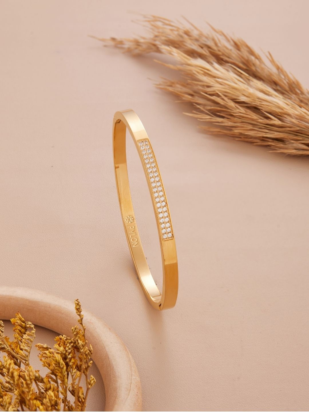 

PYLON Stainless Steel American Diamond Kada Bracelet, Gold