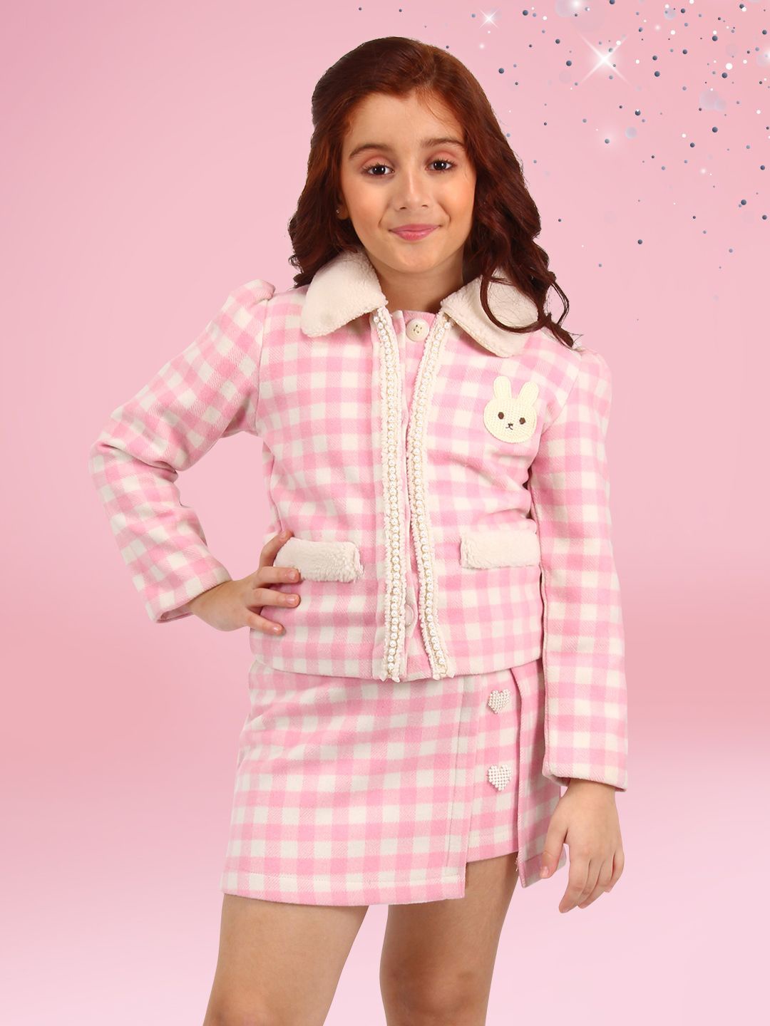 

CUTECUMBER Girls Checked Top with Skirt Clothing Set, Pink