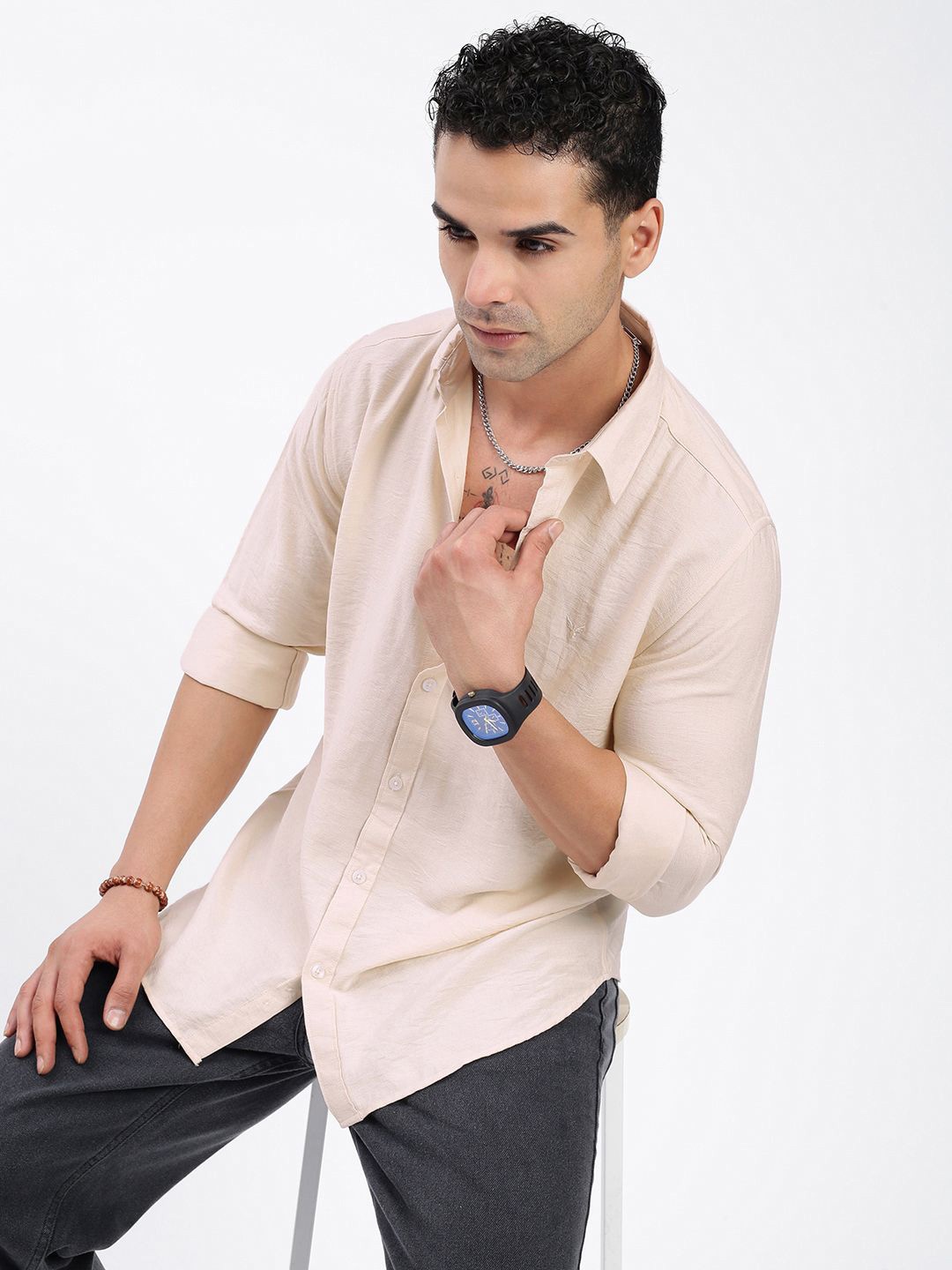 

SHOWOFF Men Standard Spread Collar Solid Cotton Casual Shirt, Cream