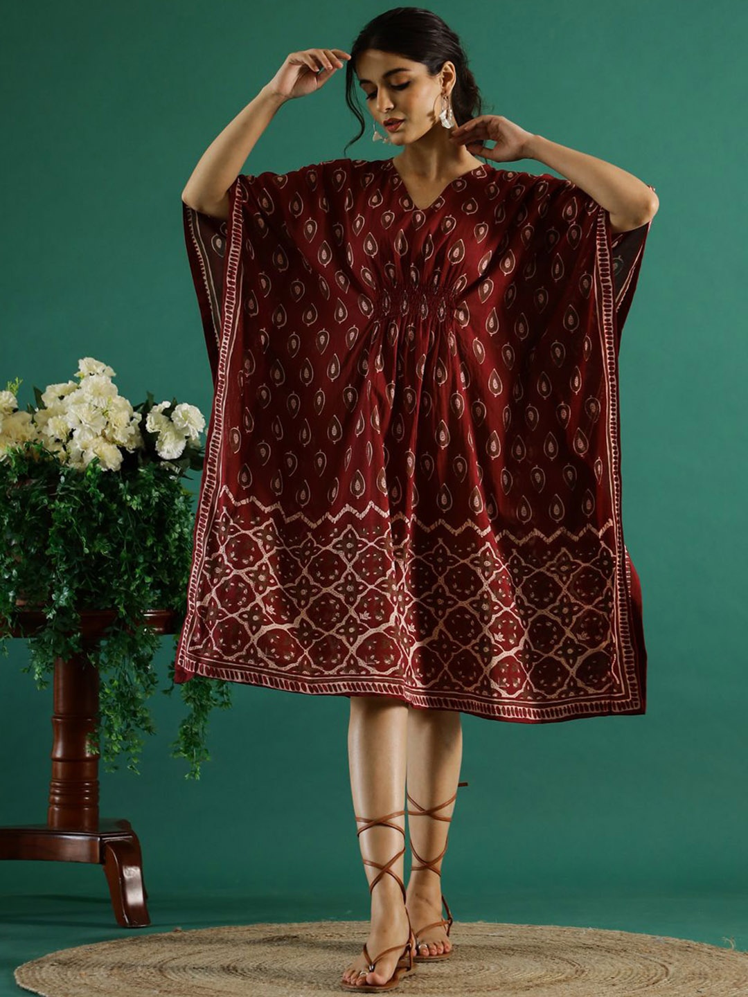 

RangDeep Women Ethnic Motifs Printed Cotton V-Neck Kaftan Dress, Maroon