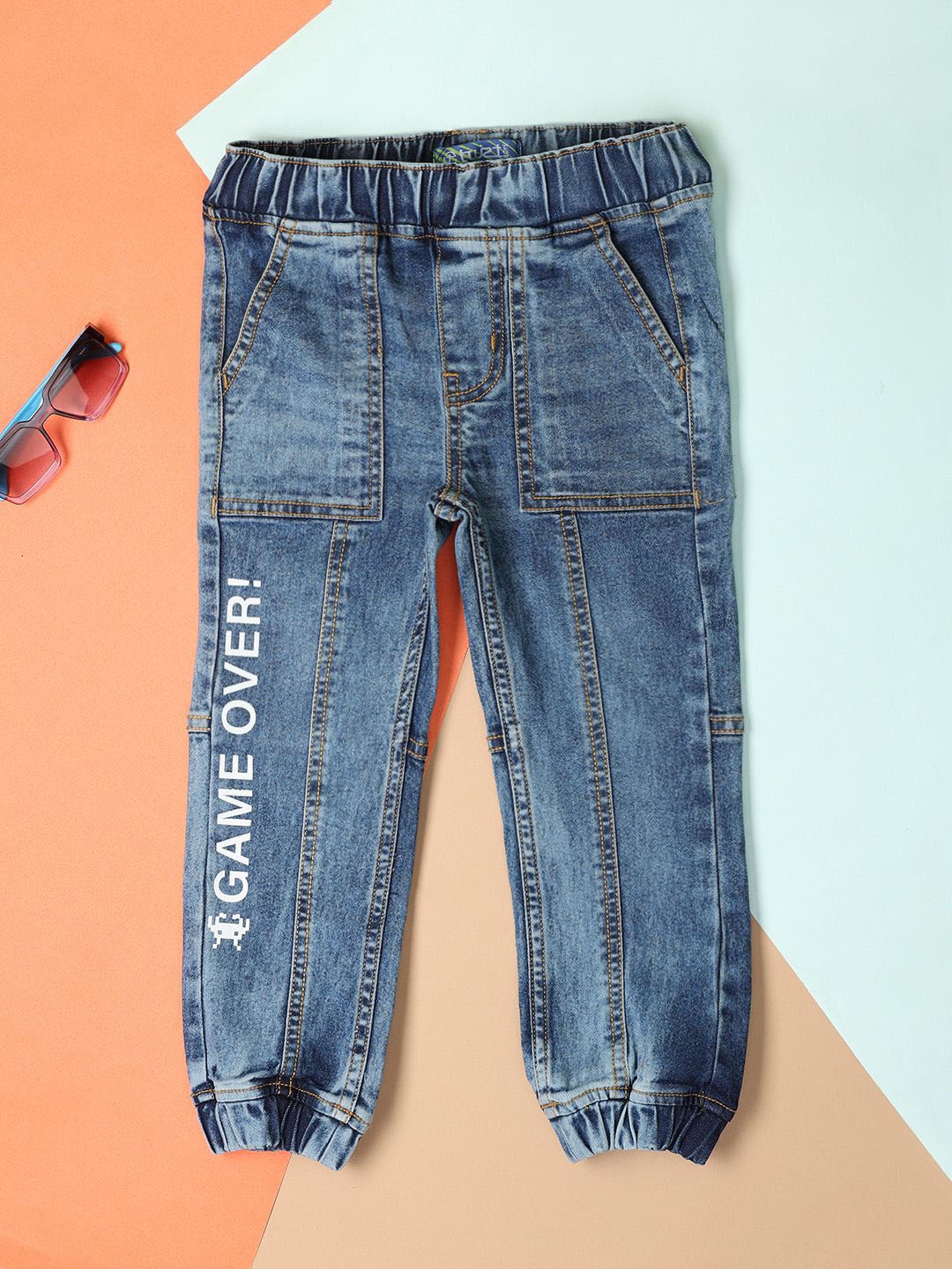 

V-Mart Boys Jogger Low Distress Heavy Fade Stretchable Jeans, Blue