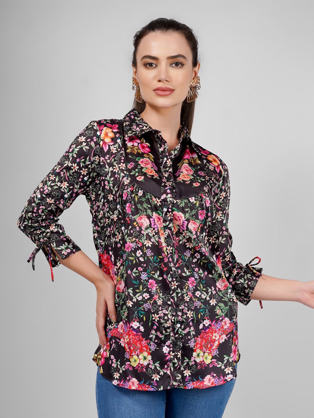 

Sukshat Women Spread Collar Floral Printed Satin Casual Shirt, Black