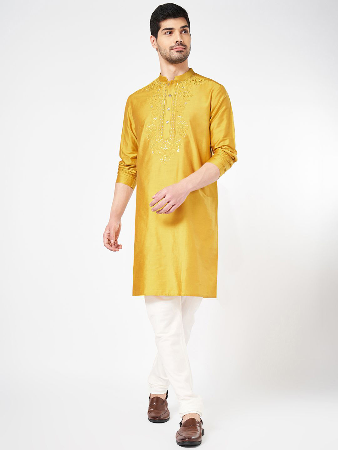 

indus route by Pantaloons Floral Thread Work Mandarin Collar Straight Kurta, Yellow