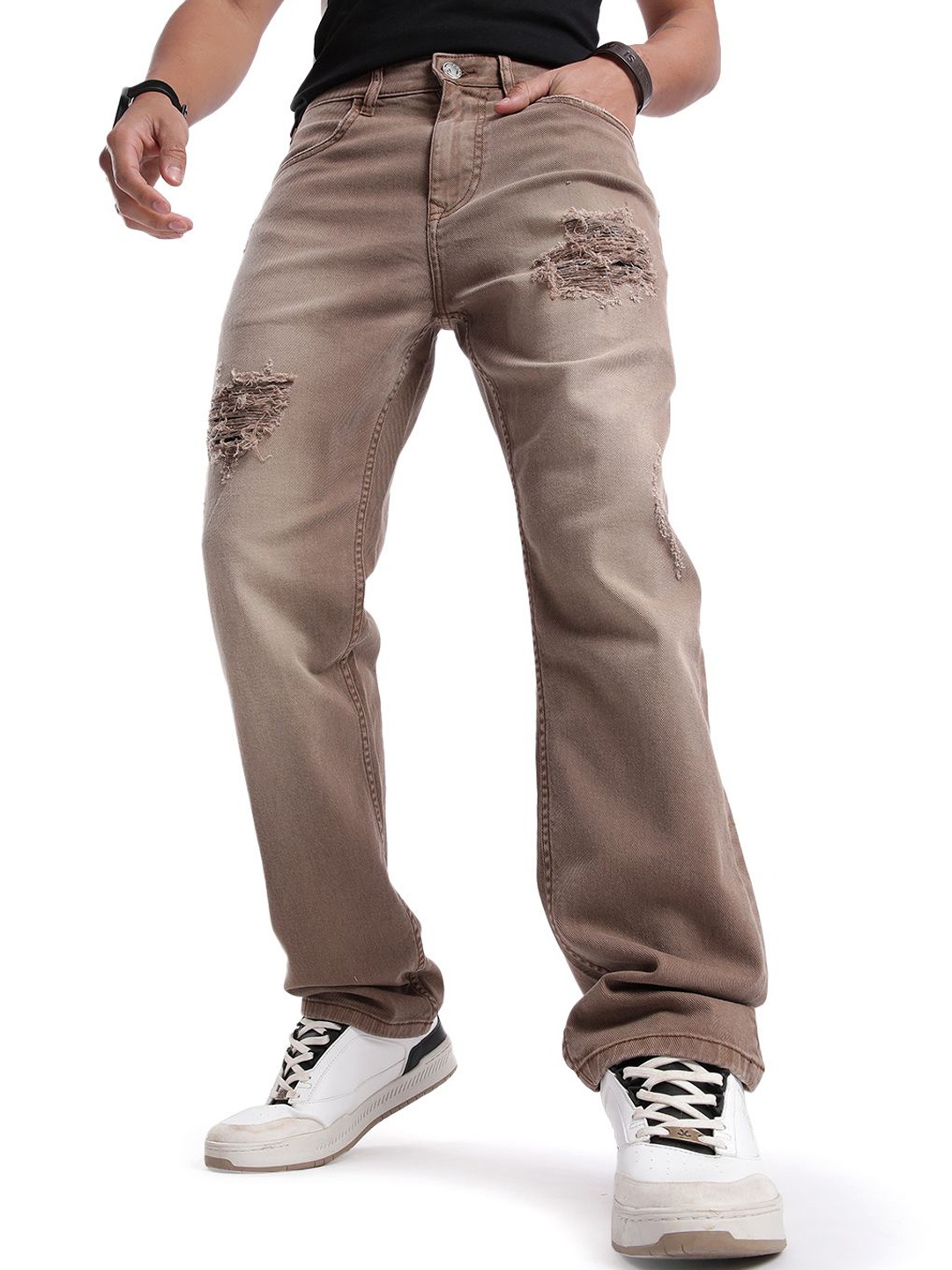 

WROGN Men Cotton Comfort Tapered Fit Highly Distressed Light Fade Jeans, Brown