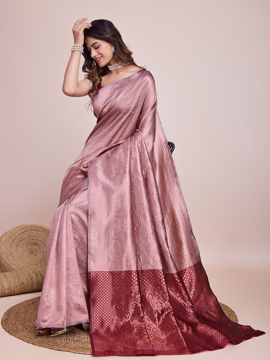 

CARTYSHOP Woven Design Kanjeevaram Saree, Pink