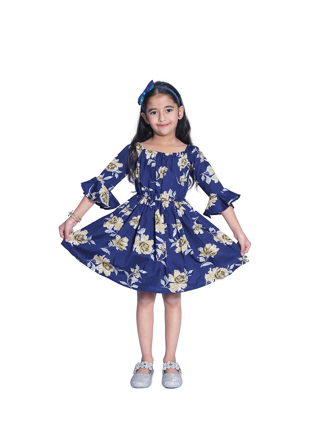 

Wish little Girls Floral Printed Gathered Tiered A-Line Dress, Navy blue