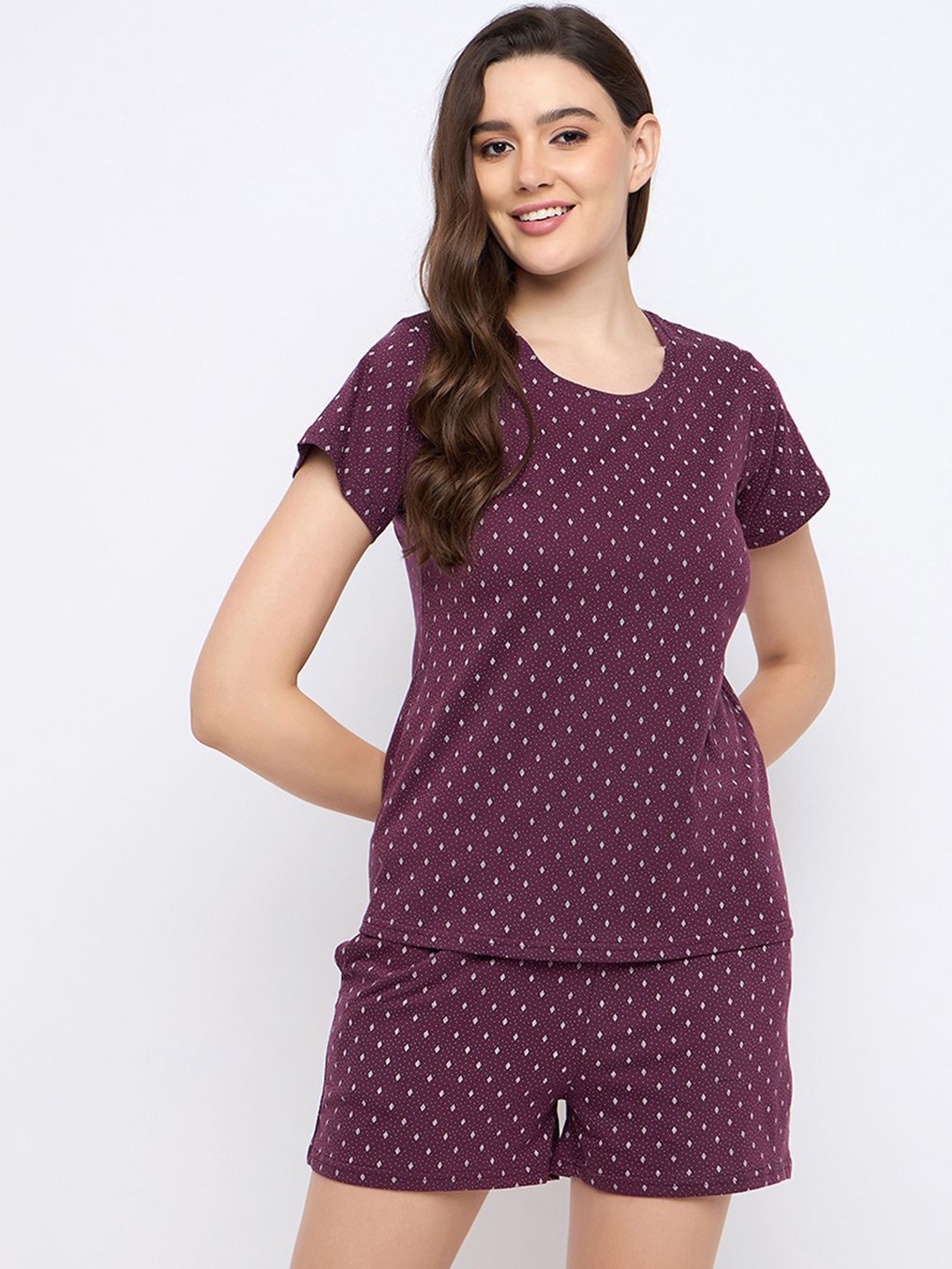 

Clovia Women Pure Cotton Printed Night suit, Purple