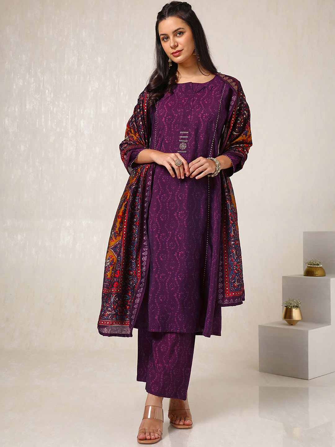 

Soch Floral Printed A-Line Gotta Patti Kurta with Palazzos & Dupatta, Purple