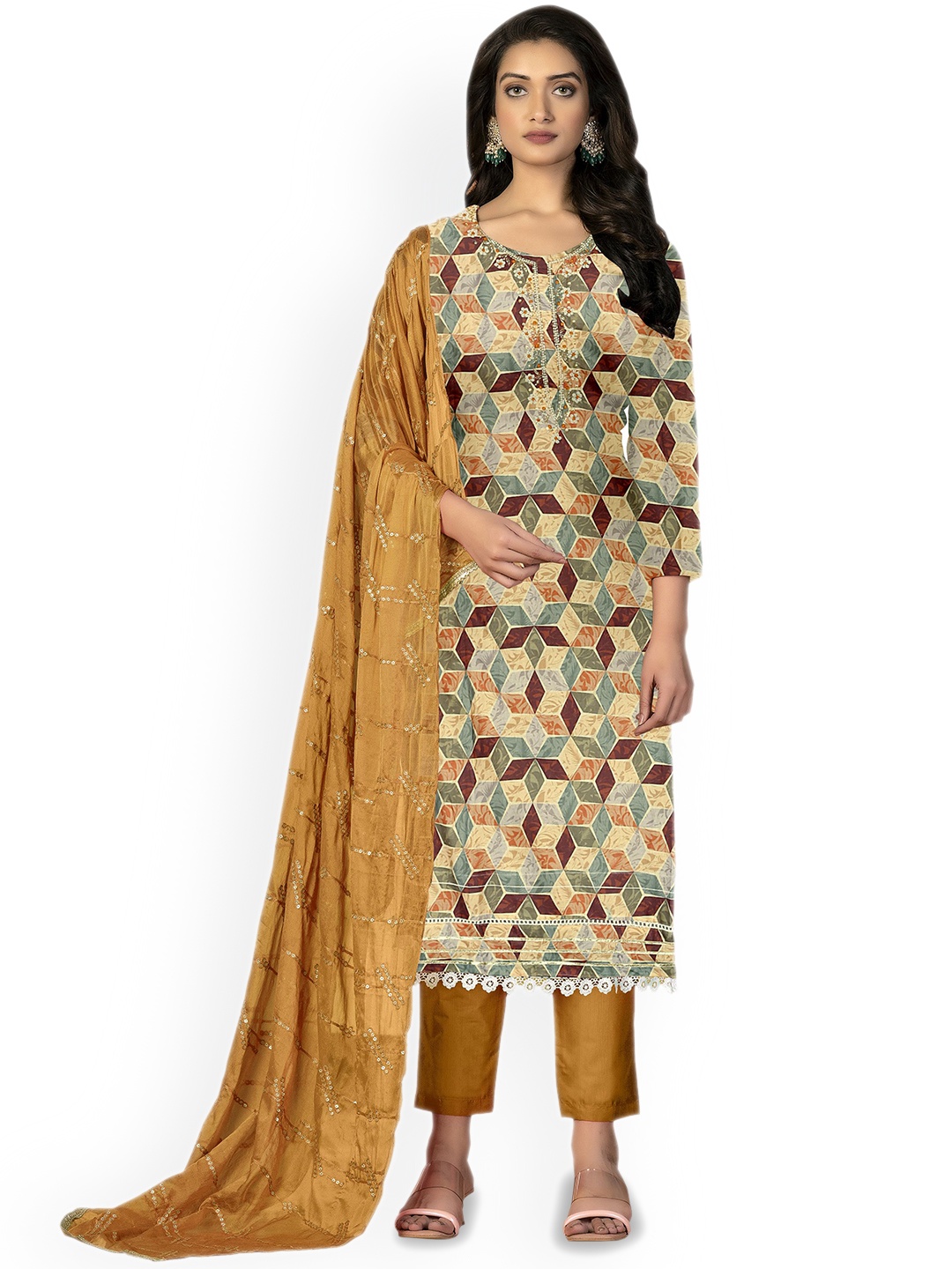 

Maroosh Geometric Embroidered Beads and Stones Unstitched Dress Material, Mustard