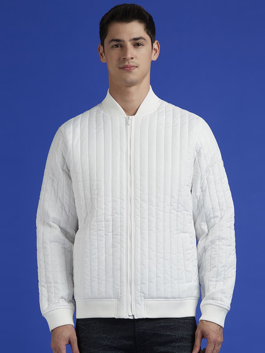 

Pepe Jeans Men Stand Collar Floral Solid Casual Bomber Jacket, White