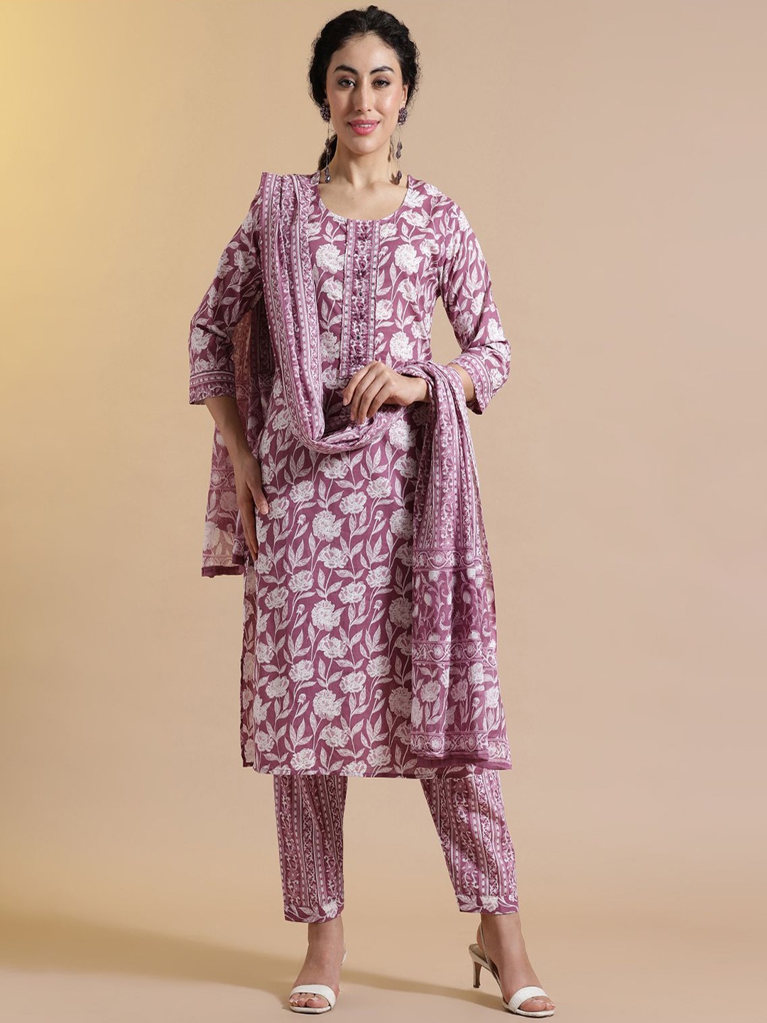 

Anouk Floral Printed Thread Work Pure Cotton Kurta with Trouser & Dupatta, Purple