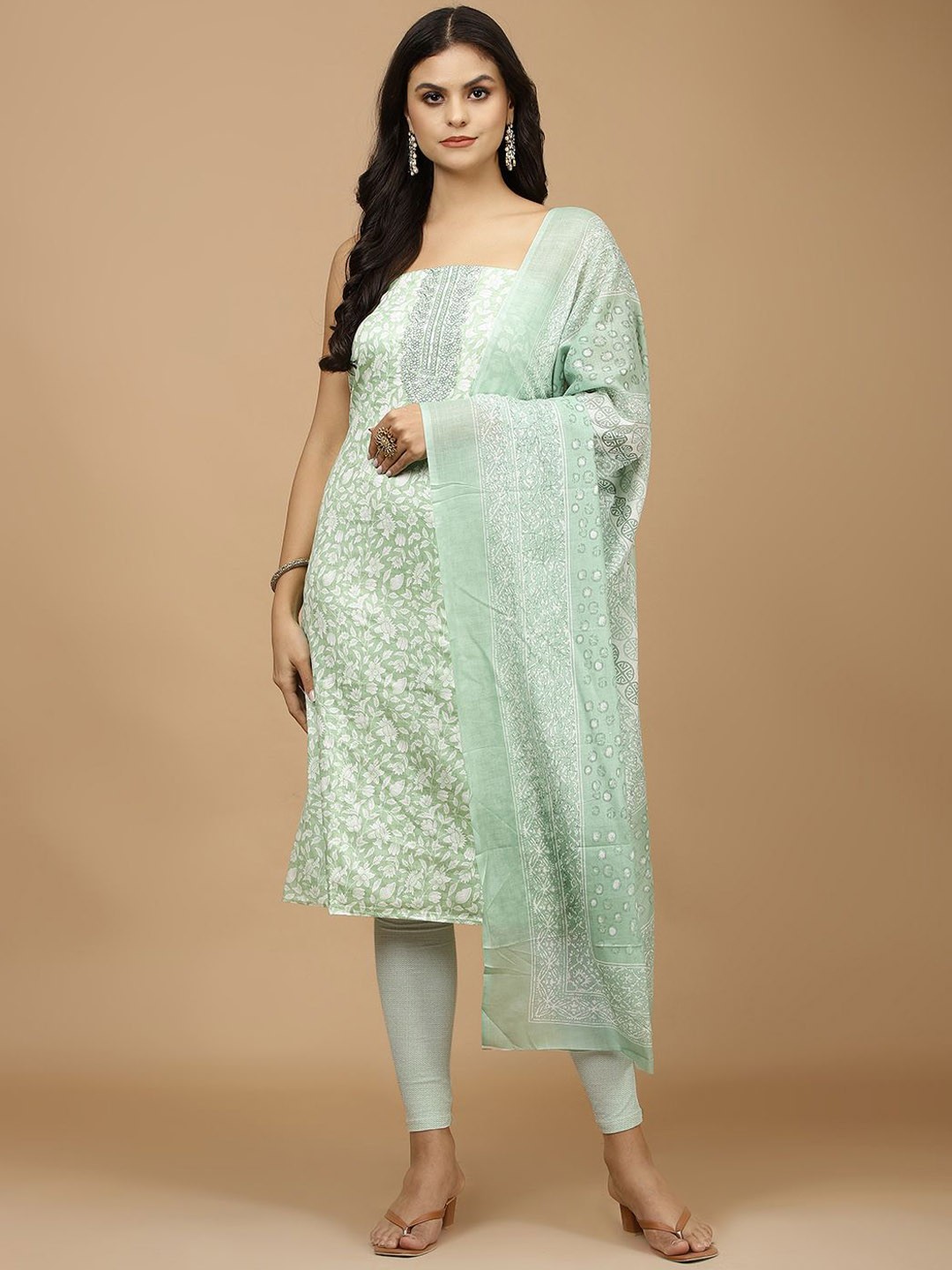 

Meena Bazaar Floral Printed Unstitched Dress Material, Green