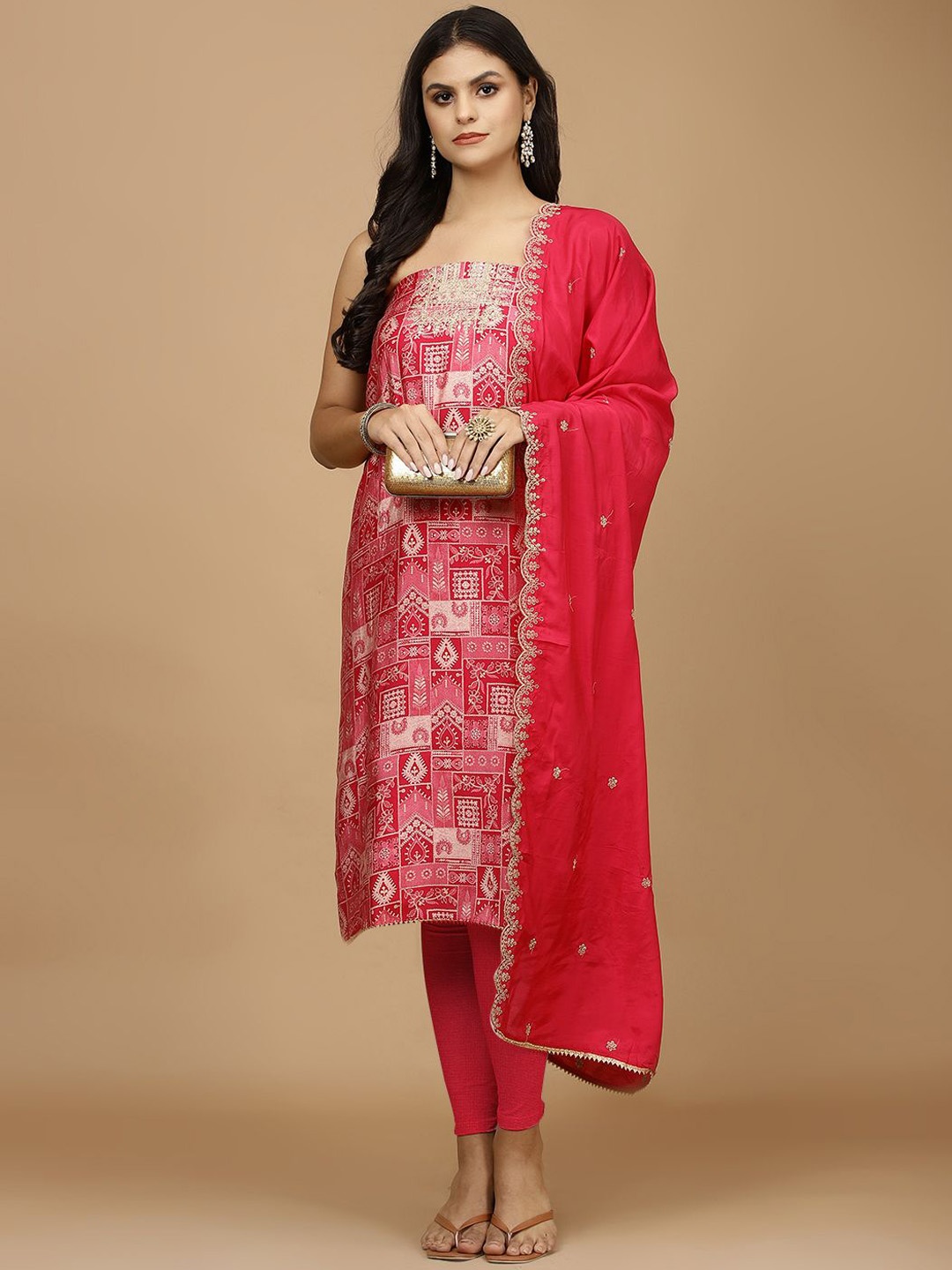 

Meena Bazaar Abstract Printed Sequinned Cotton Unstitched Dress Material, Pink