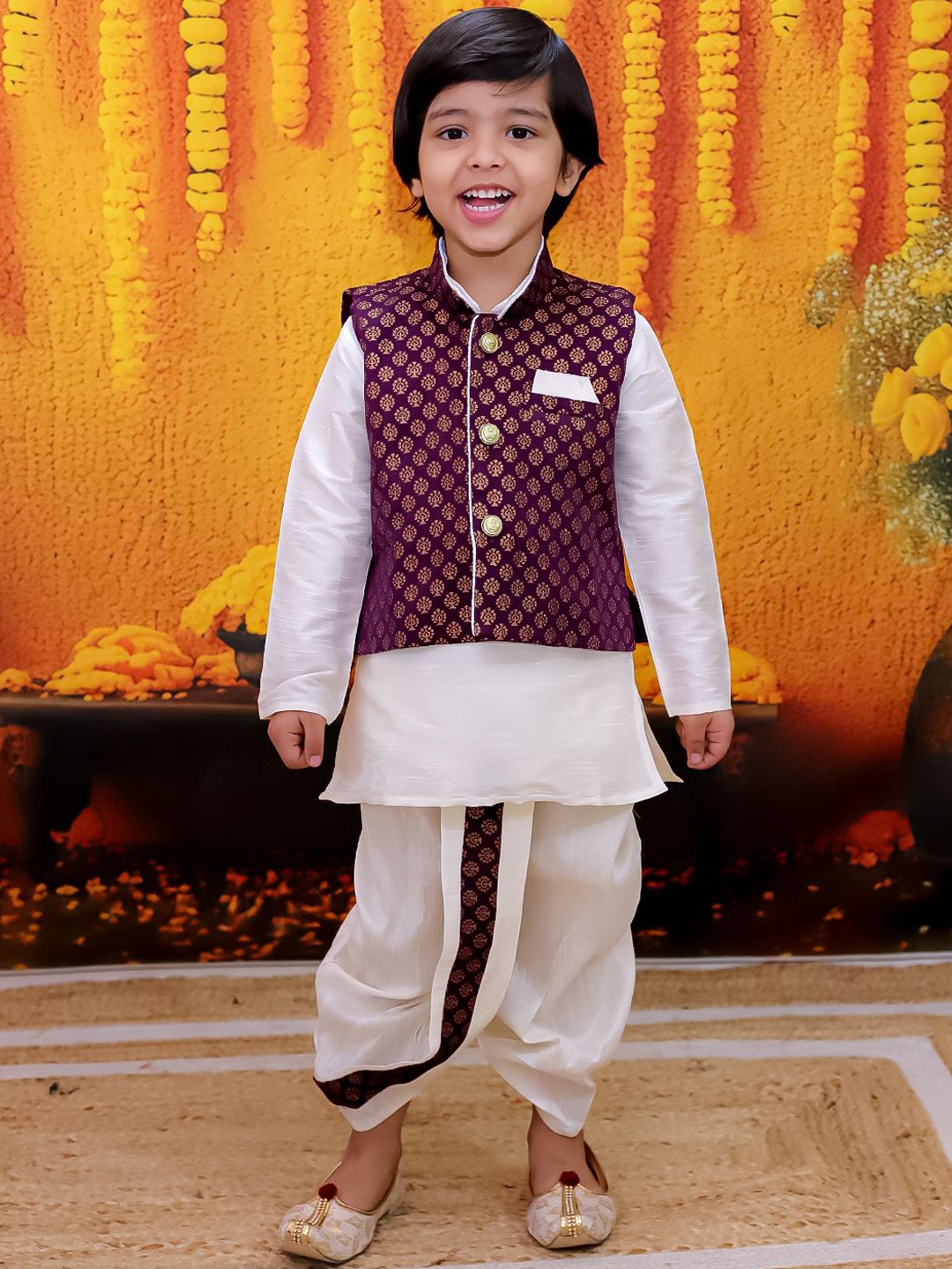 

BownBee Boys Mandarin Collar Regular Straight Kurta with Dhoti Pants, Purple