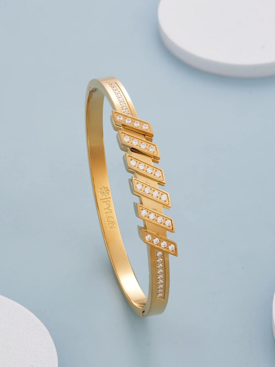 

PYLON Stainless Steel American Diamond Kada Bracelet, Gold
