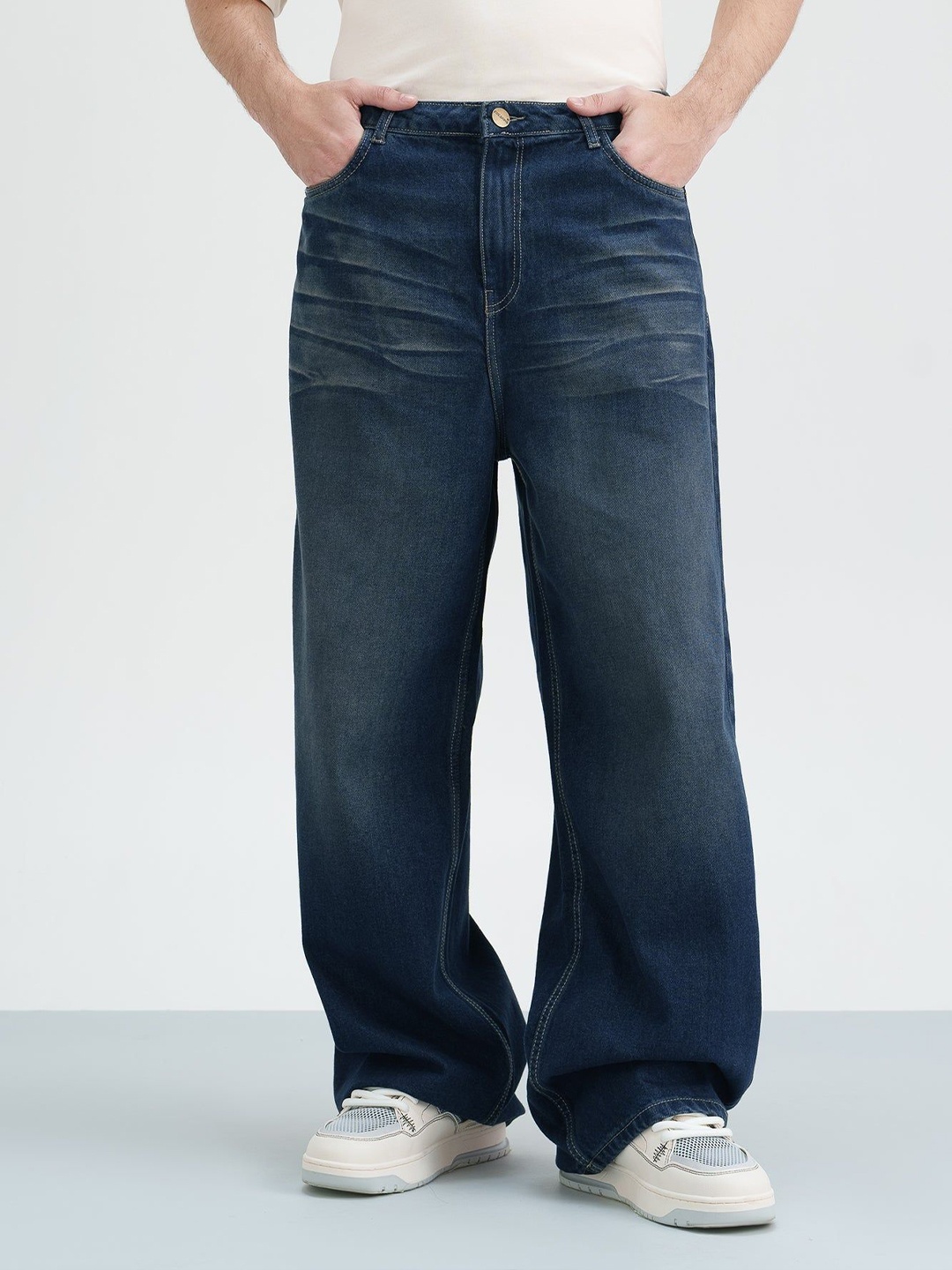 

FREAKINS Men Pure Cotton Wide Leg Lightly Fade Jeans, Blue
