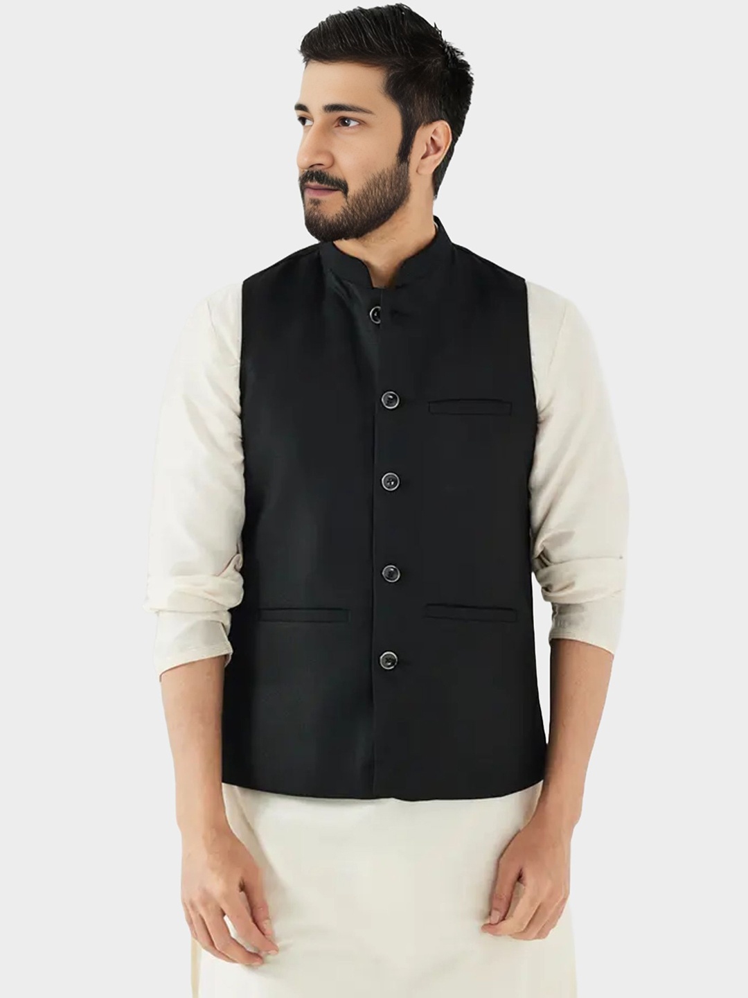 

BAESD Mandarin Collar Satin Nehru Jacket, Black