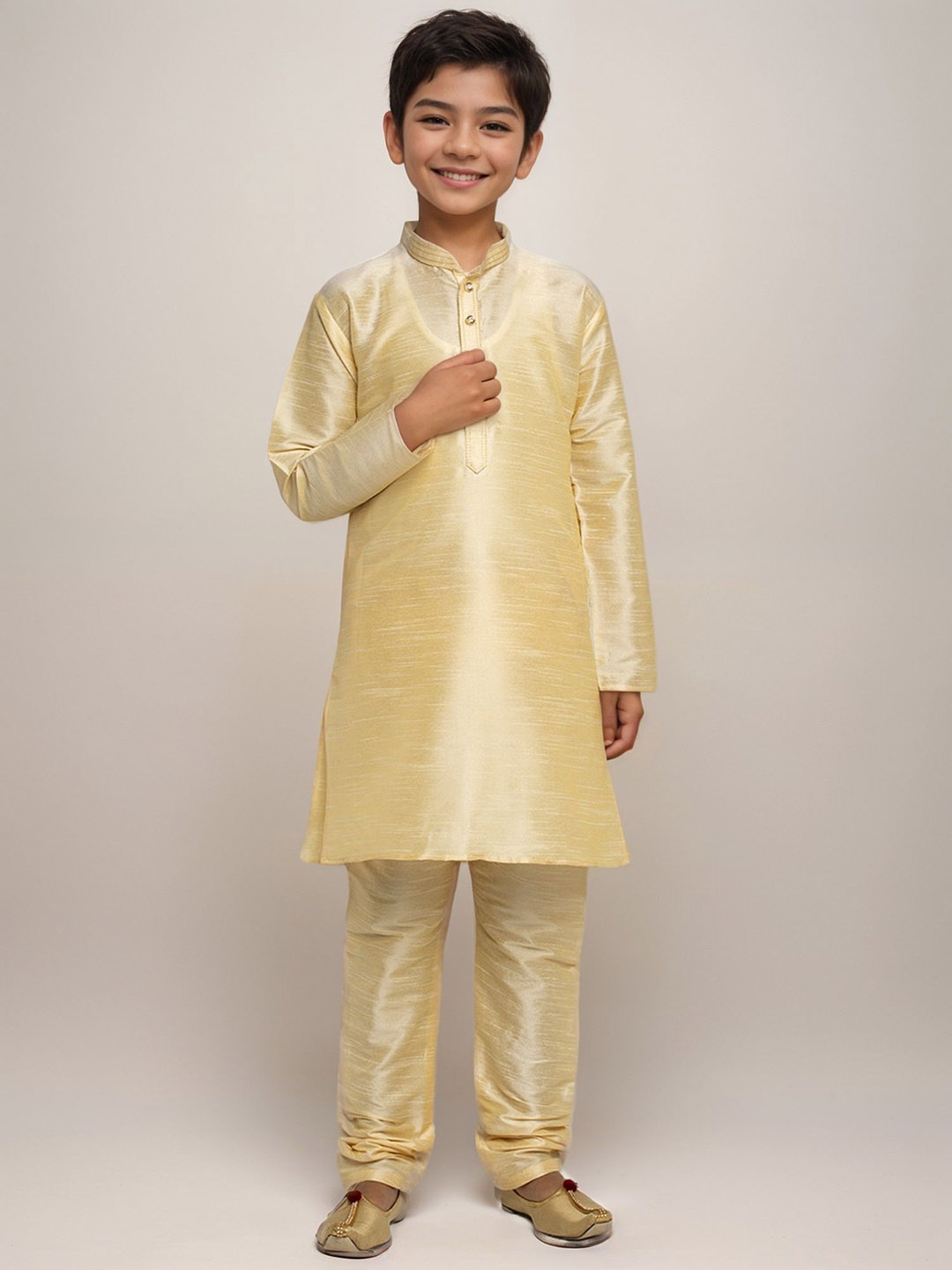 

DEVOILER Boys Abstract Woven Design Mandarin Collar Straight Kurta, Beige