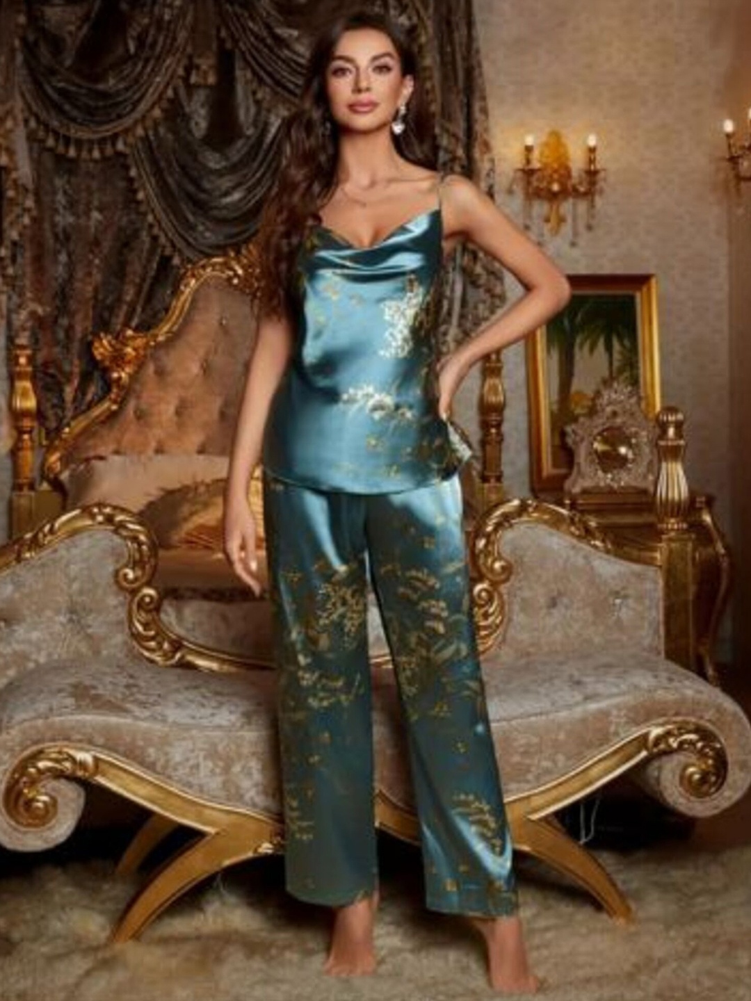 

Addery Women Printed Sleeveless Night Suit, Teal