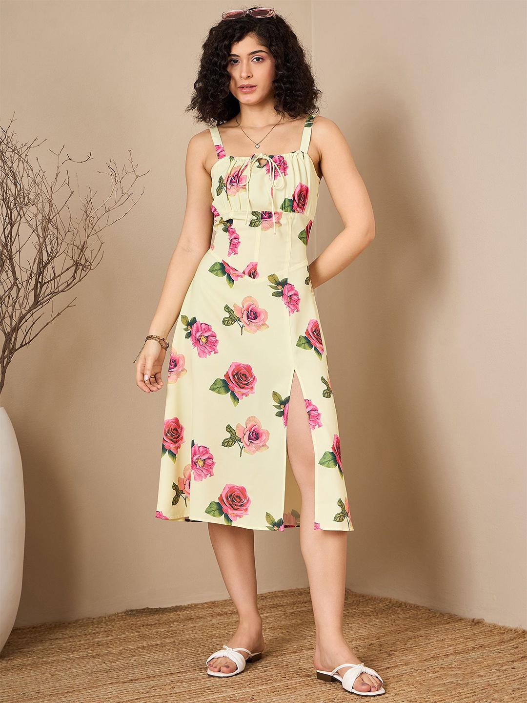 

Kibo Women Floral Printed A-Line Midi Dress, Yellow