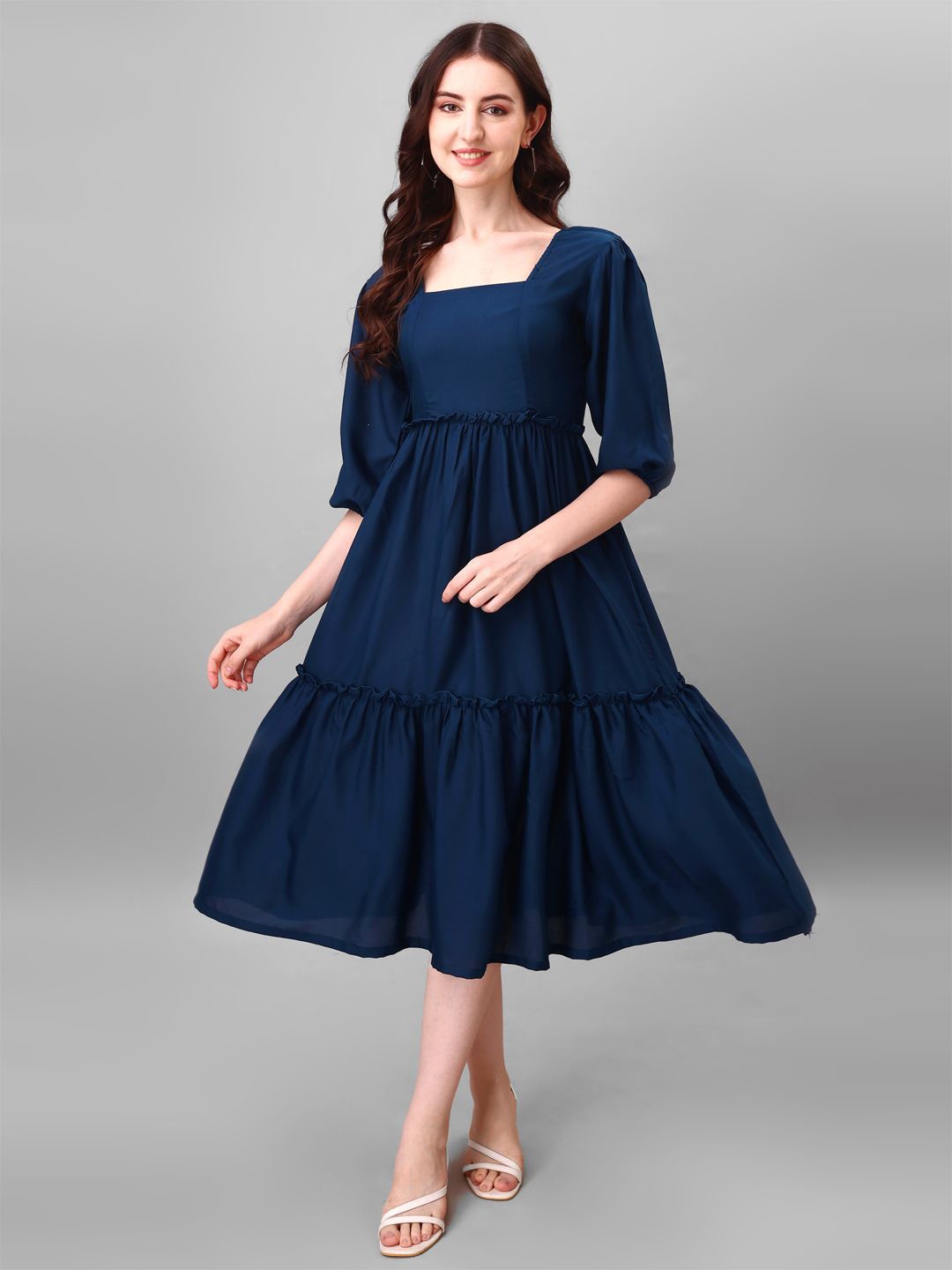 

Raiyani Enterprise Women Fit & Flare Tiered Midi Dress, Blue