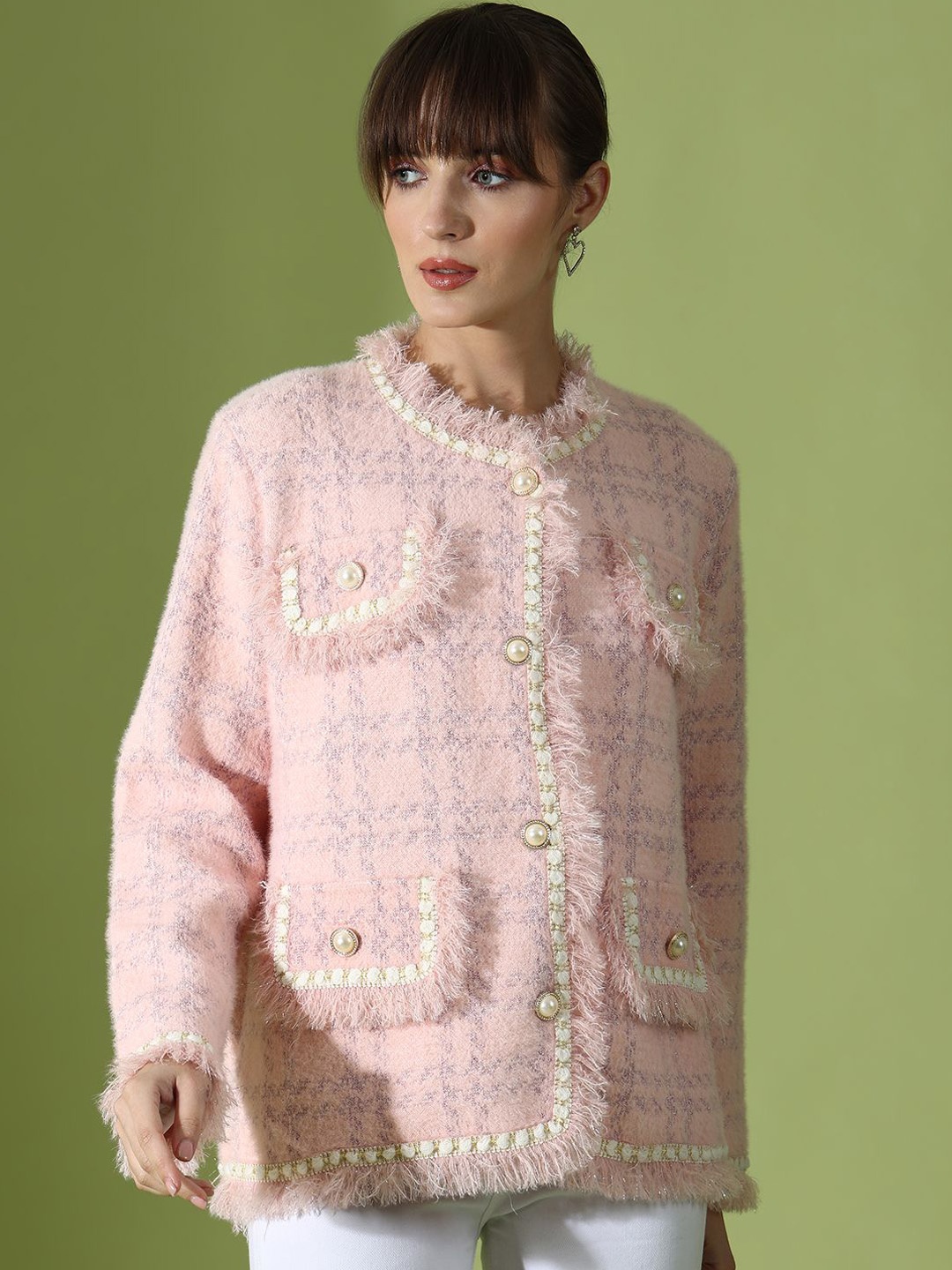 

KALINI Checked Self Design Woollen Cardigan, Pink
