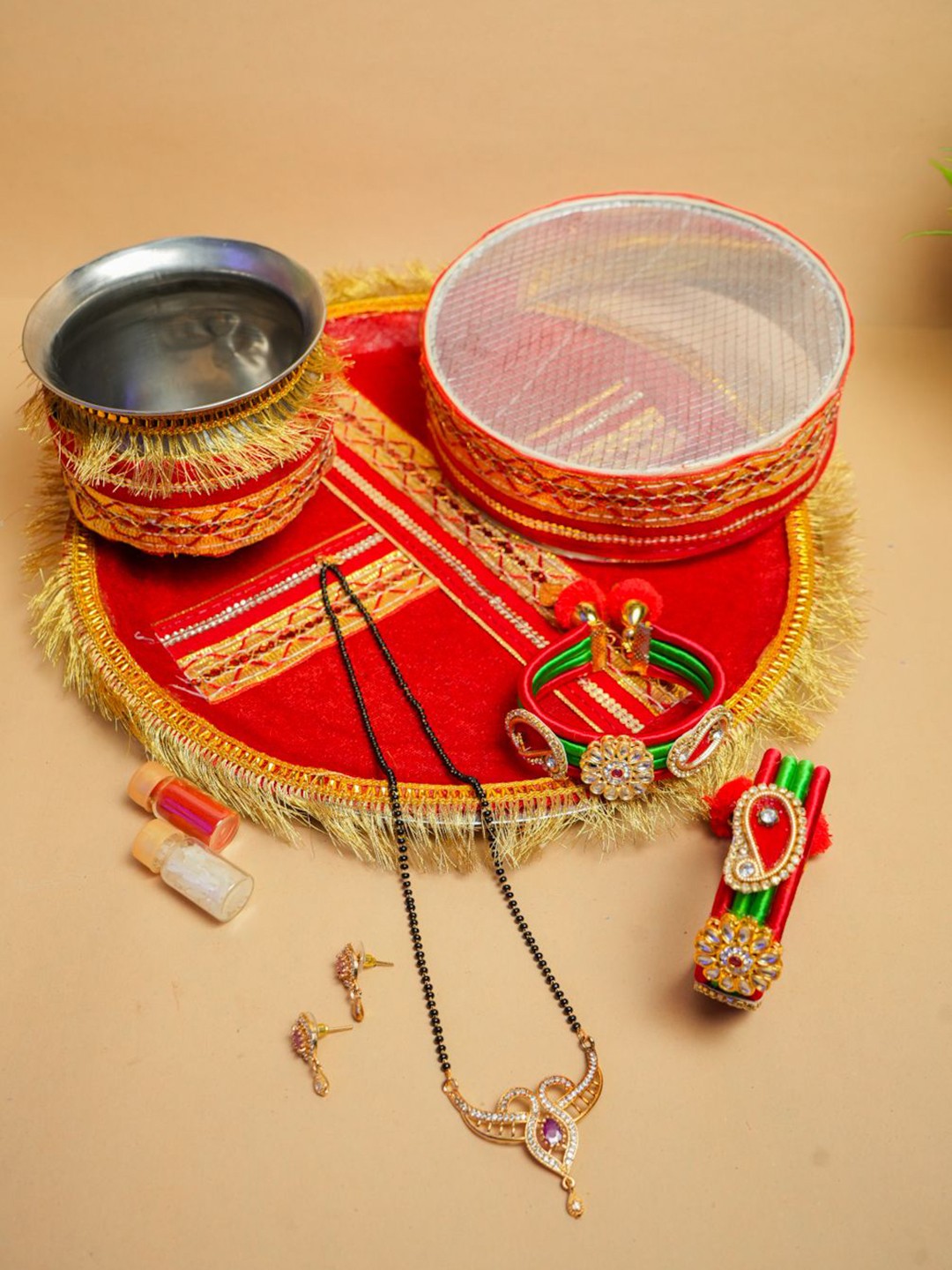 

VIRAASI Gold-Plated Artificial Stones and Beads Mangalsutra Karwa Chauth Thali Set