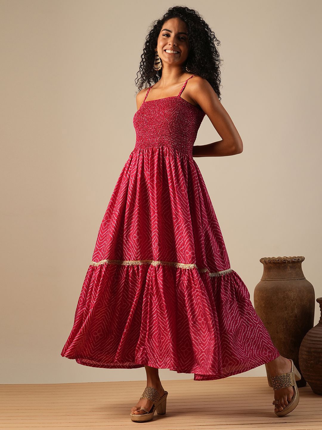 

Globus Square Neck Strappy Shoulder Bandhani Print Smocked Fit & Flare Fusion Maxi Dress, Pink